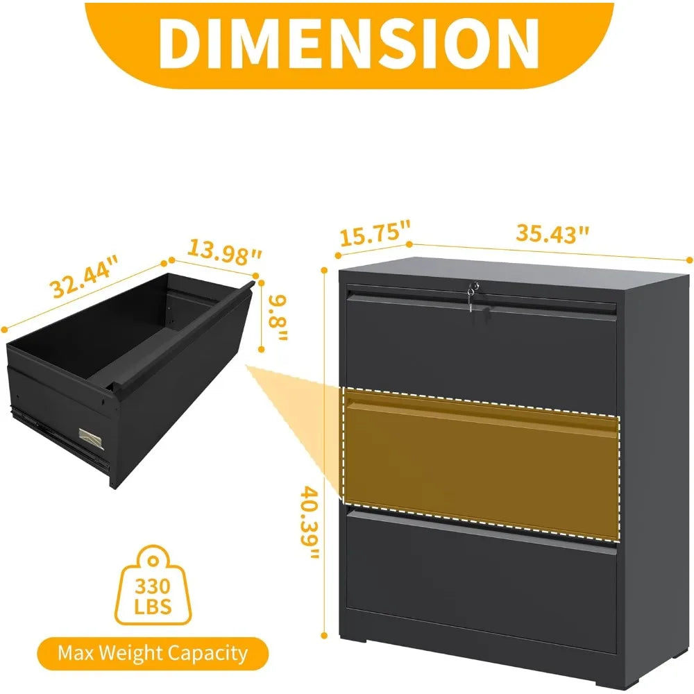 File Cabinet with Lock 3 Drawer Lateral Filing Cabinet for Home Office Black Metal Heavy Duty File Cabinets for Hanging