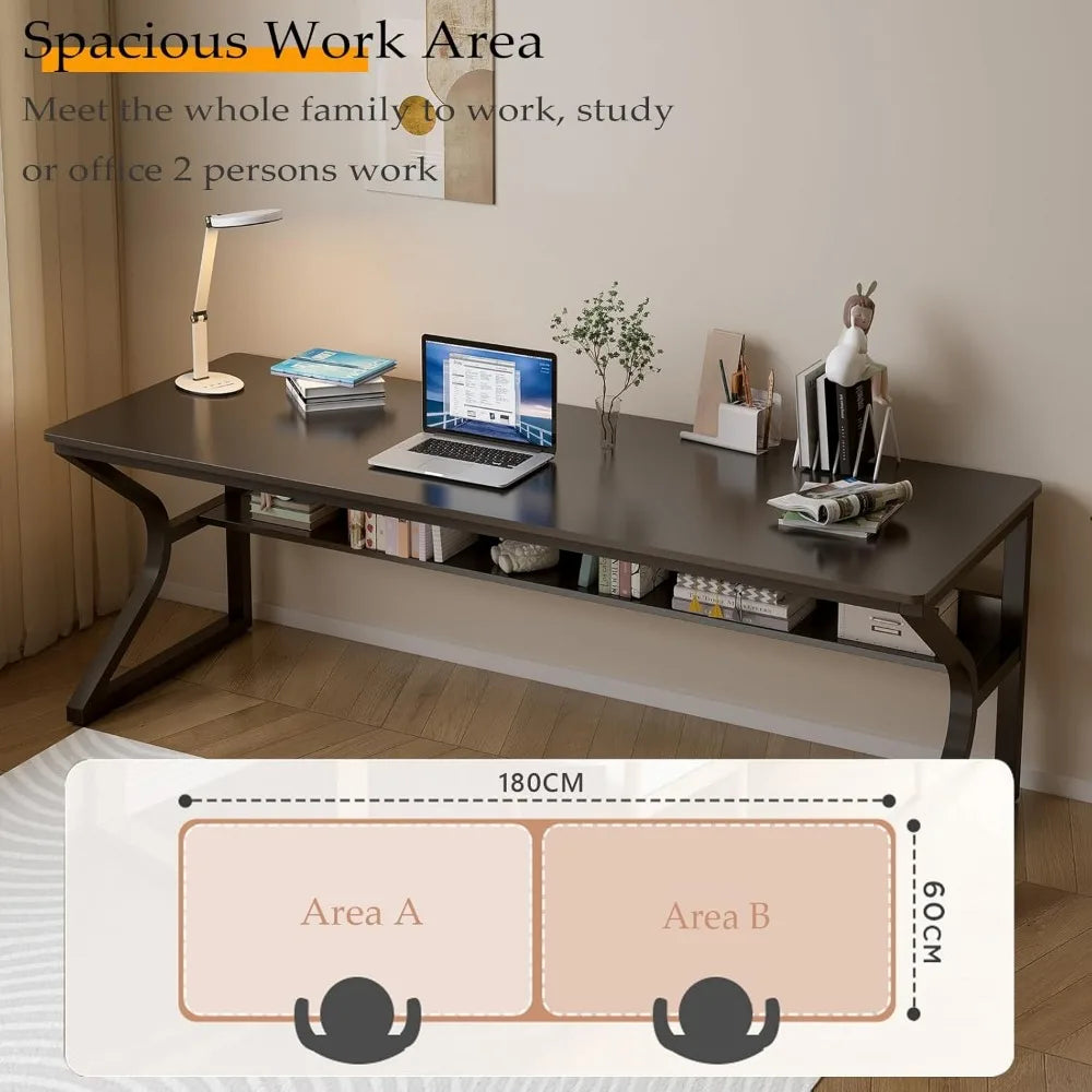 71-inch Dual Long Desk with Built-in Bookshelf for Two-Person Home Office Workstation Contemporary Computer Desk