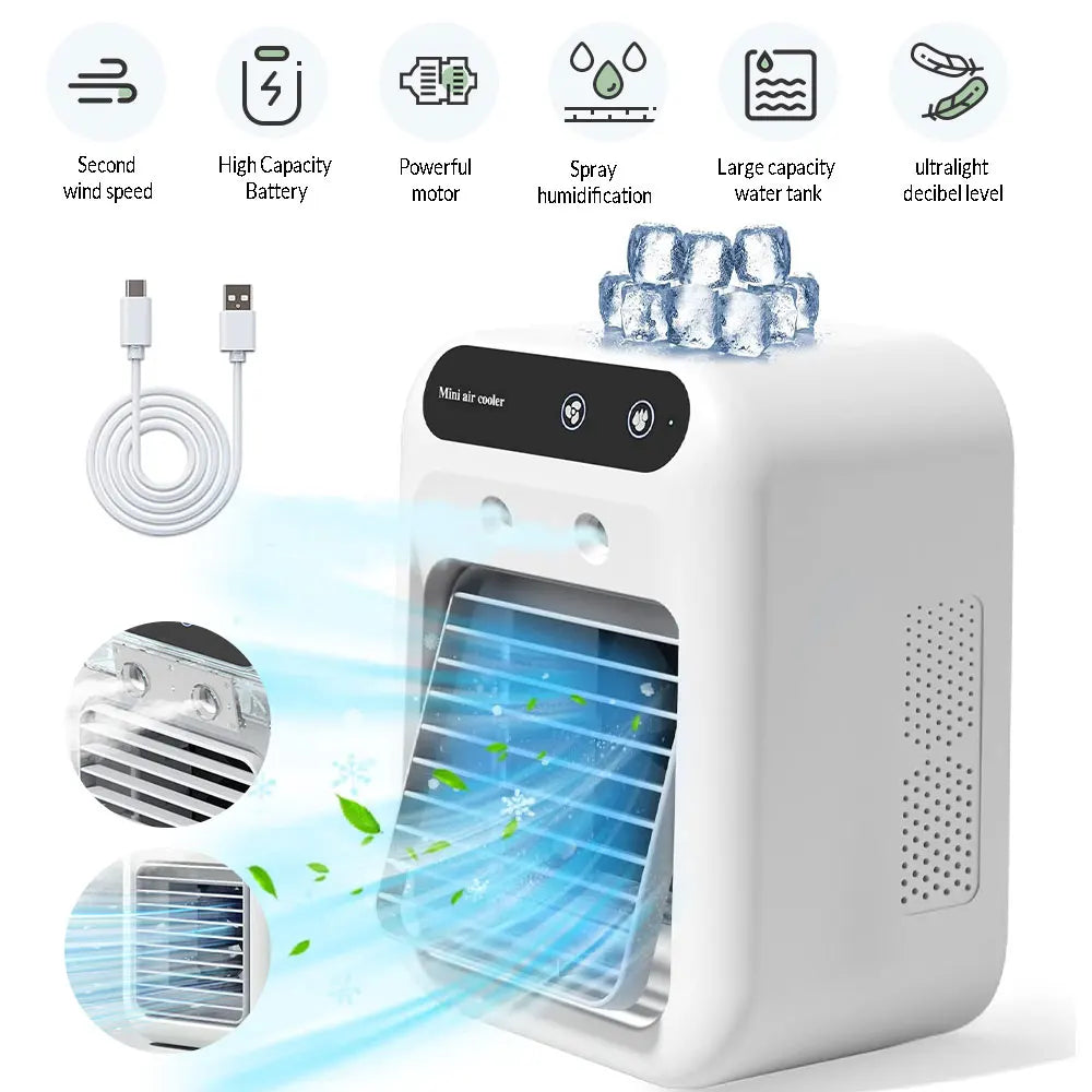 Mini Cold Airconditioner Fan 2-Speed 1800mHA Humidifier Mist Cooler USB Charging 500ml Water Tank Cooler for Home