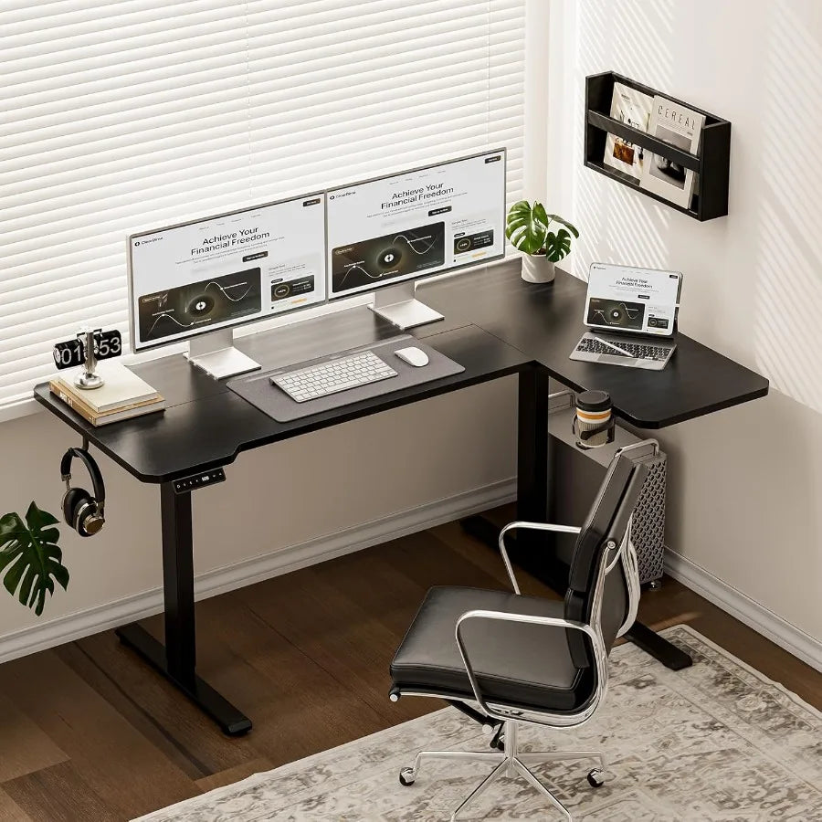 59 Inch L Shaped Adjustable Height Standing Desk for Home Office and Gaming Setup Electric Sit Stand Computer Table