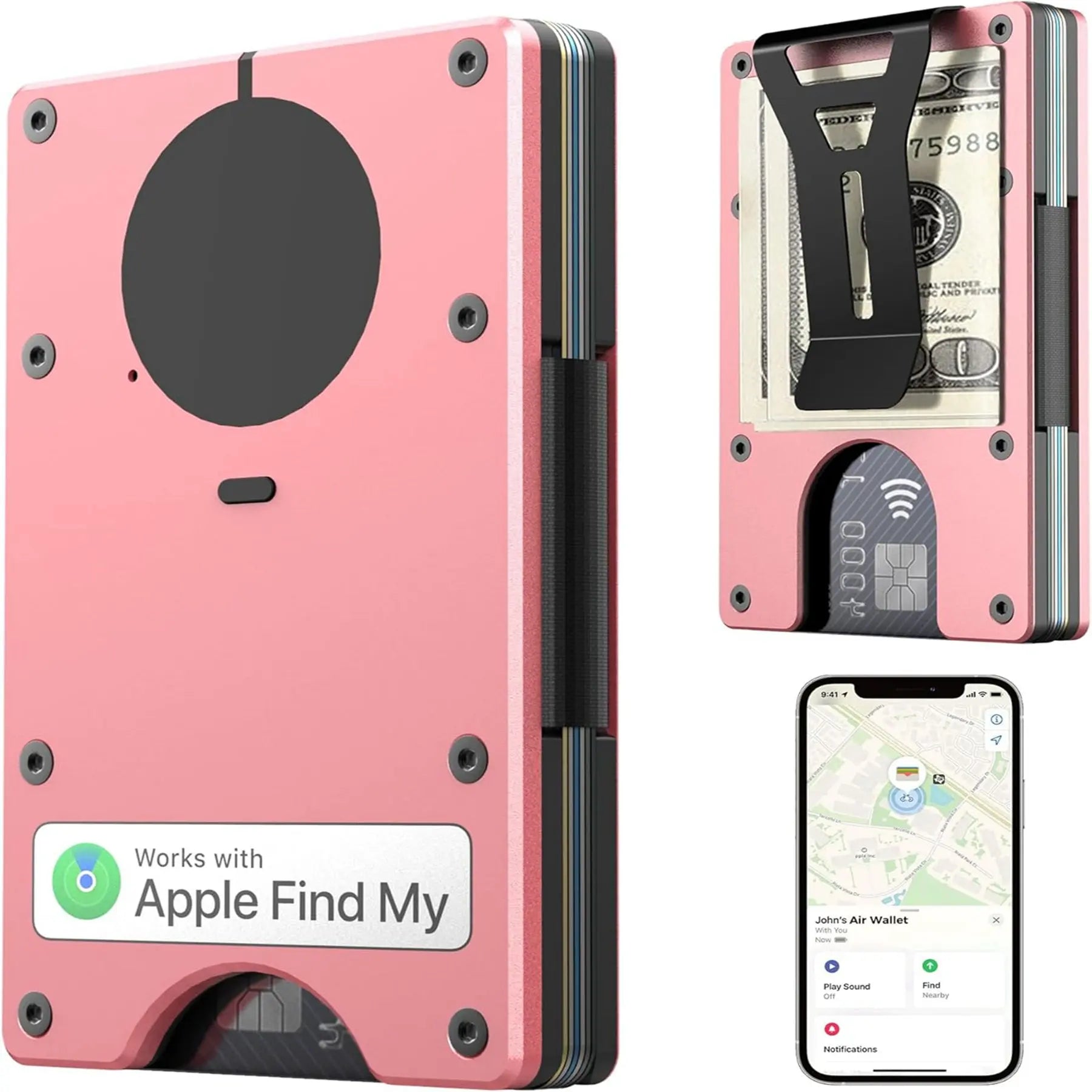 Wallet with Built in Airtag Chip RFID Blocking Credit Card Holder Compatible with Find My iOS Only Detachable Money