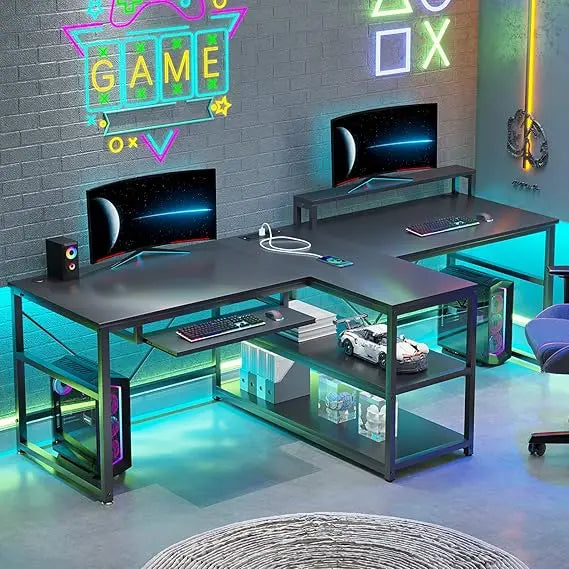 Two-Person Gaming Desk with Storage LED Lights Keyboard Tray Power Strip USB Ports Monitor Stand Ergonomic Design