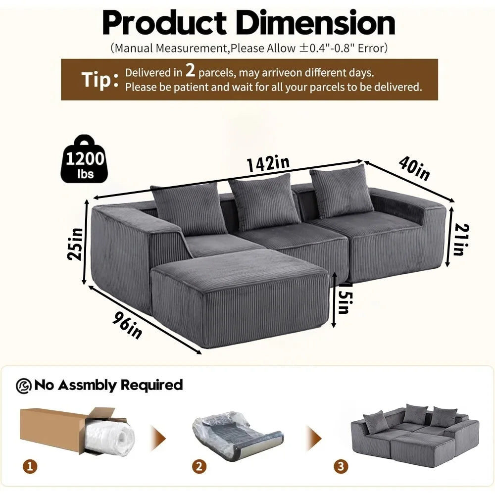 Sectional boneless Couch with L-Shape Chaise,Modern Modular sleeper Sofa with Deep Seat Upholstered Couches for Room