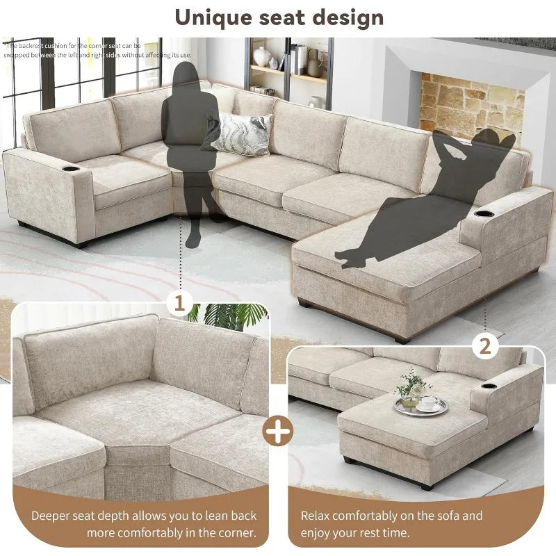 Large U-Shaped 6-Seat Chenille Sectional Sofa Set with Chaise Cup Holders for Spacious Living Room - Beige / United