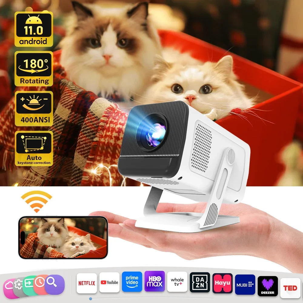 LynCast 4K Smart Home Projector with Wifi6 BT5.4 Portable Projector Android 11.0 Auto Keystone 180° Flexible BeamerHome