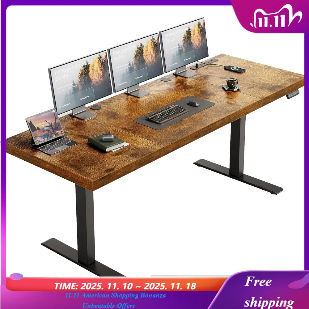 Electric Standing Desk with 3-Piece Board 71 Inch Height Adjustable Large Desk with Power Outlets Sit Stand Table,