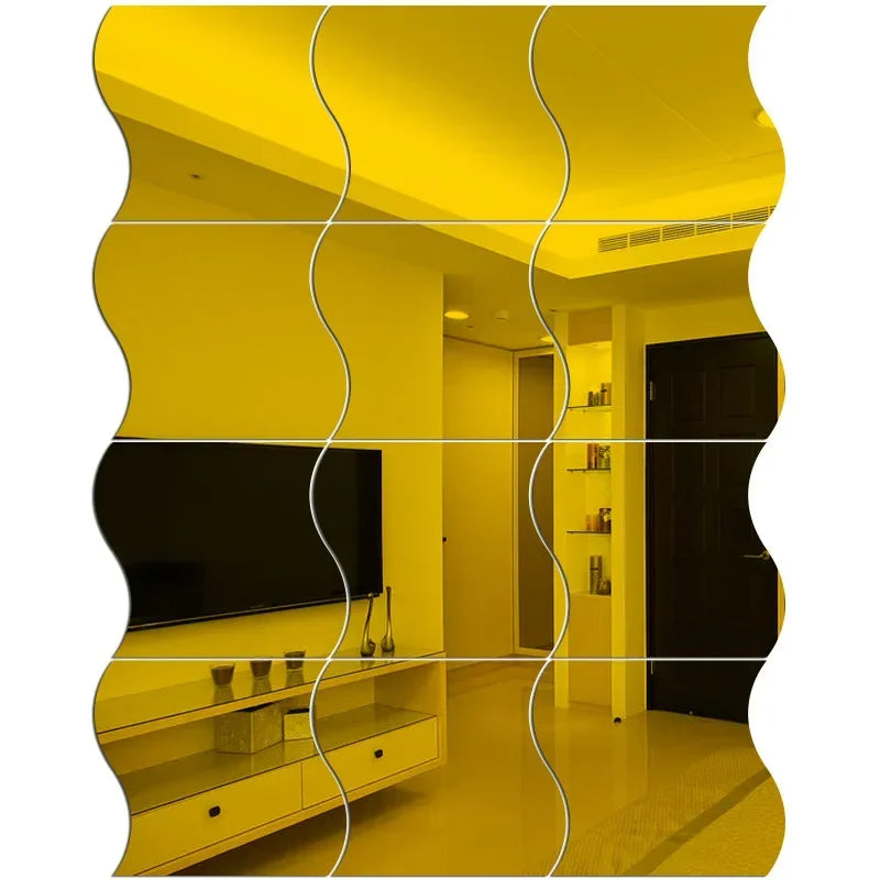 Modern Artistic Wall Panels Set - 3D Mirror Mosaic Stickers for Home/Office Interior Design (Wave Pattern) - Gold