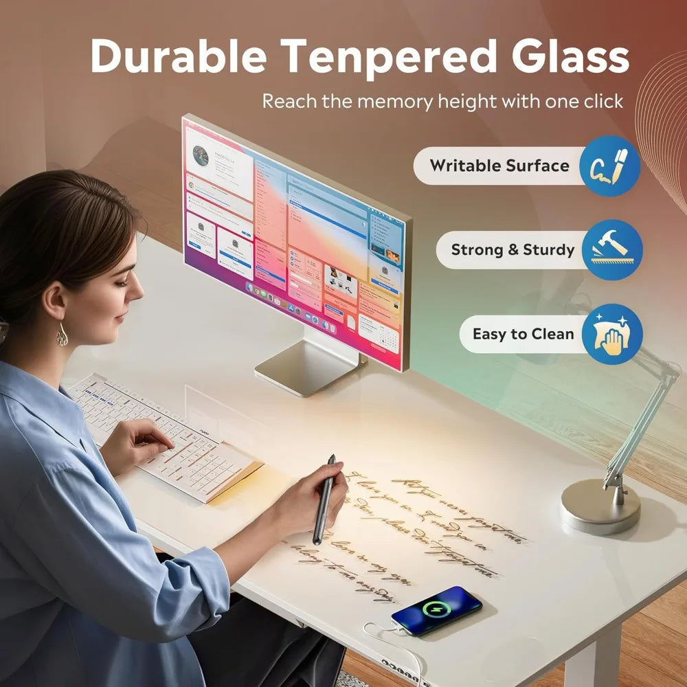 Standing Desk with Drawers Whole-Piece Glass Adjustable Height Desk 55 Inch Electric Stand Up Desk Quick Install