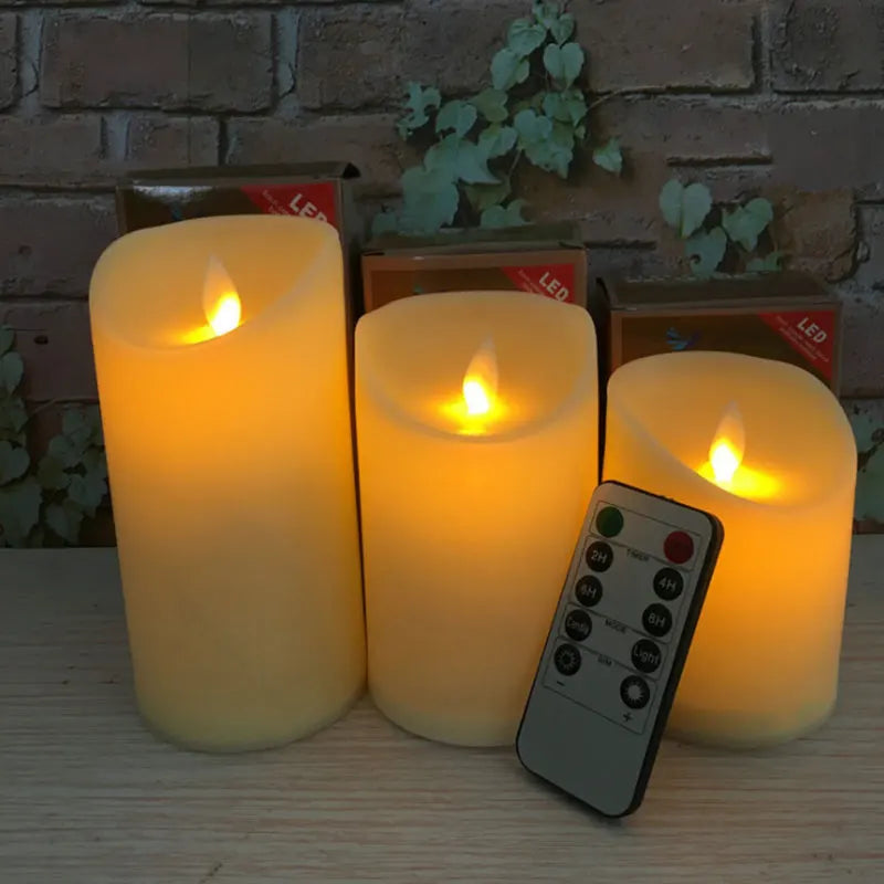 Pack of 3 Remote Control Moving Wick LED Decorative Candles Battery Dancing Wedding Pillar Candles With Realistic Flame