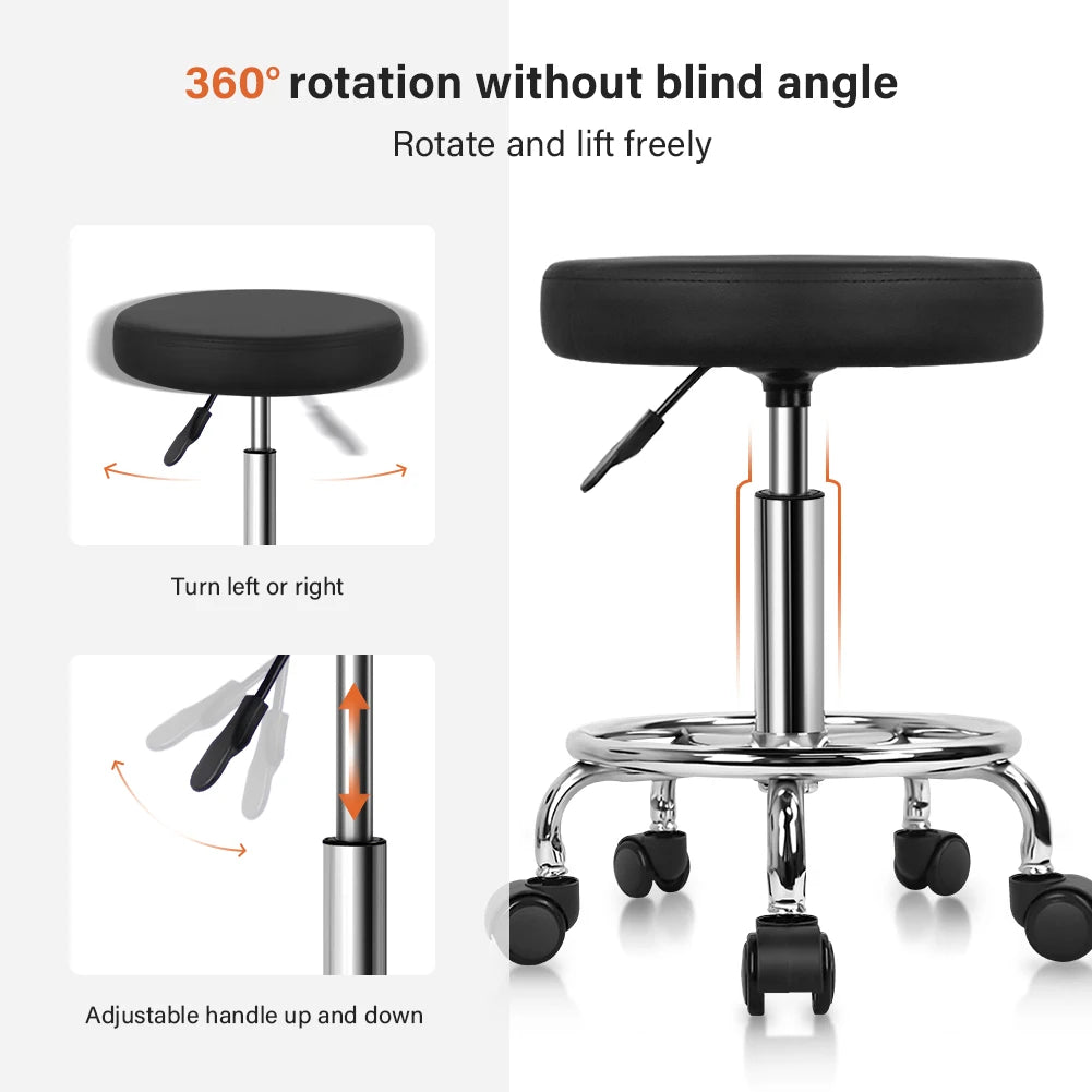 KKTONER PU Leather Round Rolling Stool with Foot Rest Swivel Height Adjustment Spa Drafting Salon Tattoo Work Office