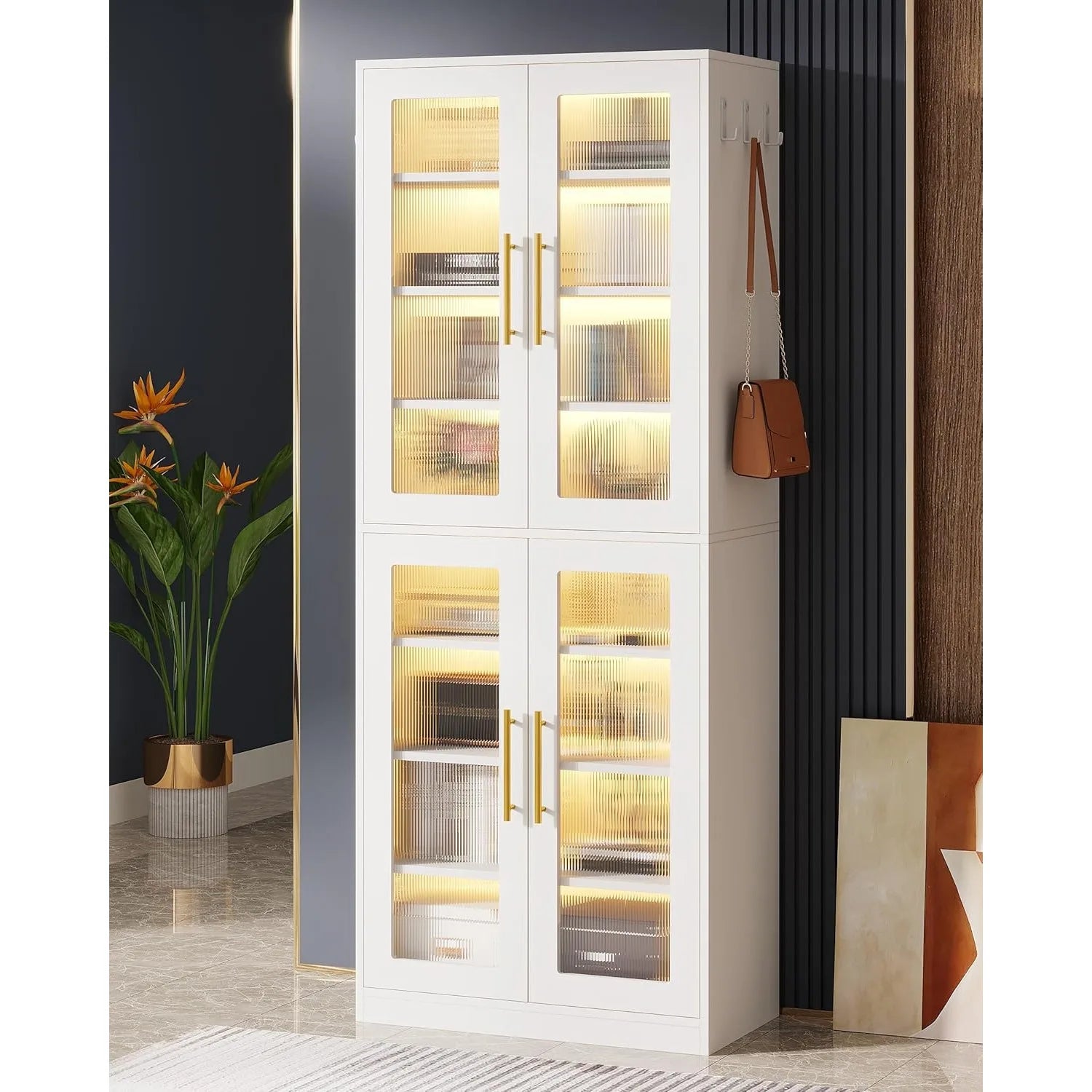 Bookcase with Doors and LED Light 67-inch Tall Bookshelf with 8-Tier Shelves for Living Room Bathroom Office Kitchen