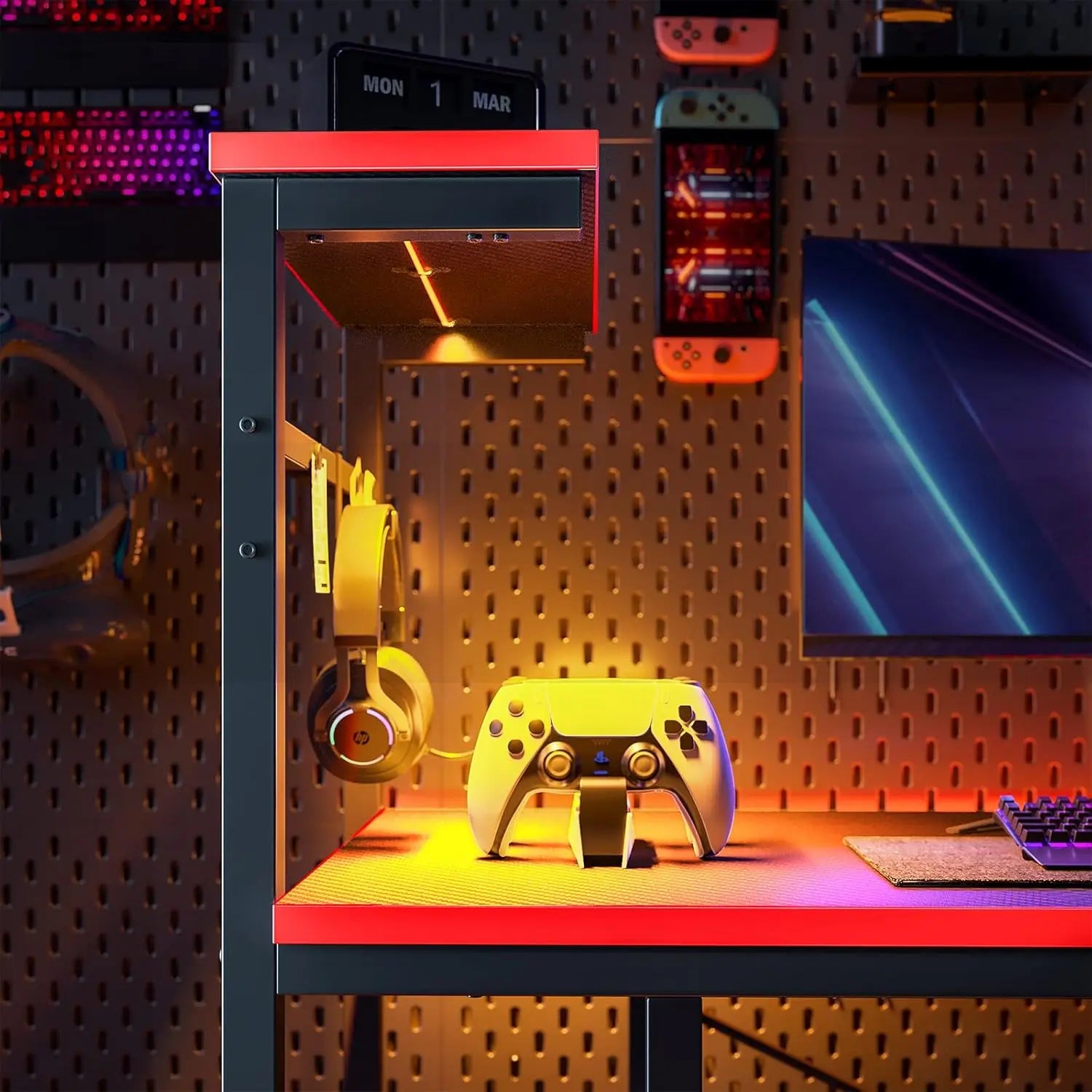 Gaming Desk with LED Lights 44 Inch PC Gamer Desk for Small Spaces Computer Desk with Reversible Storage Shelves