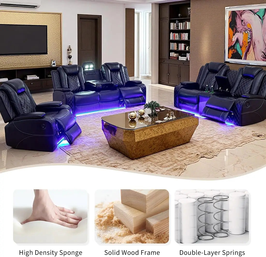 Power Recliner Sofa Set Black Leather 3 Pieces Sectional Couch Living Room Furniture Sets with LED Light Modern Power