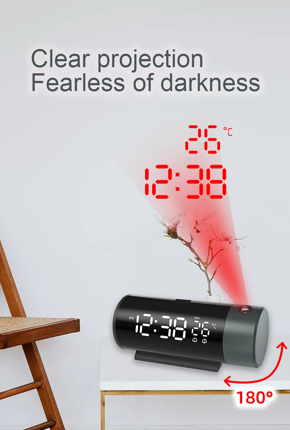 Projection Digital Alarm Clock with 180° Rotatable Projector Clear LED Display4-Level Brightness Dimmer for Bedroom