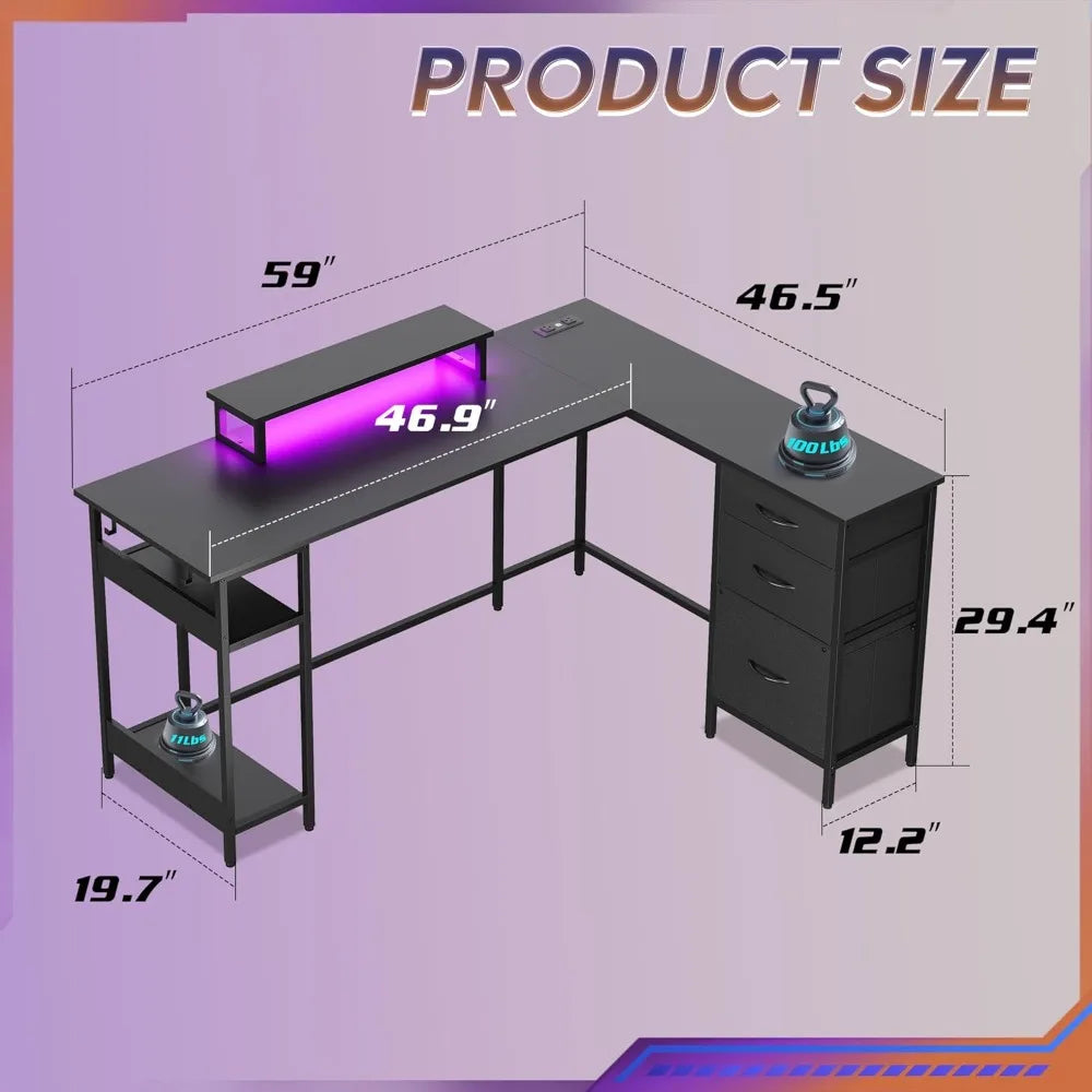 60 inch L-shaped gaming table with drawers and storage space L-shaped gaming table with LED lights computer desk