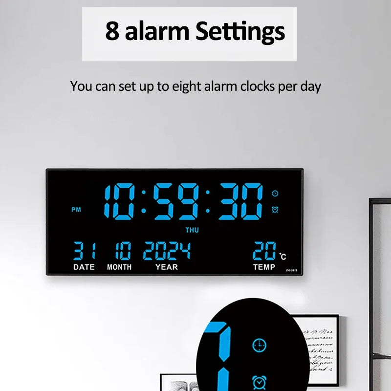 Digital Large Wall Clock Alarm Temperature Date Calendar Display 8 Sets of Alarm Clocks 14’’ Electronic LED Clock Plug