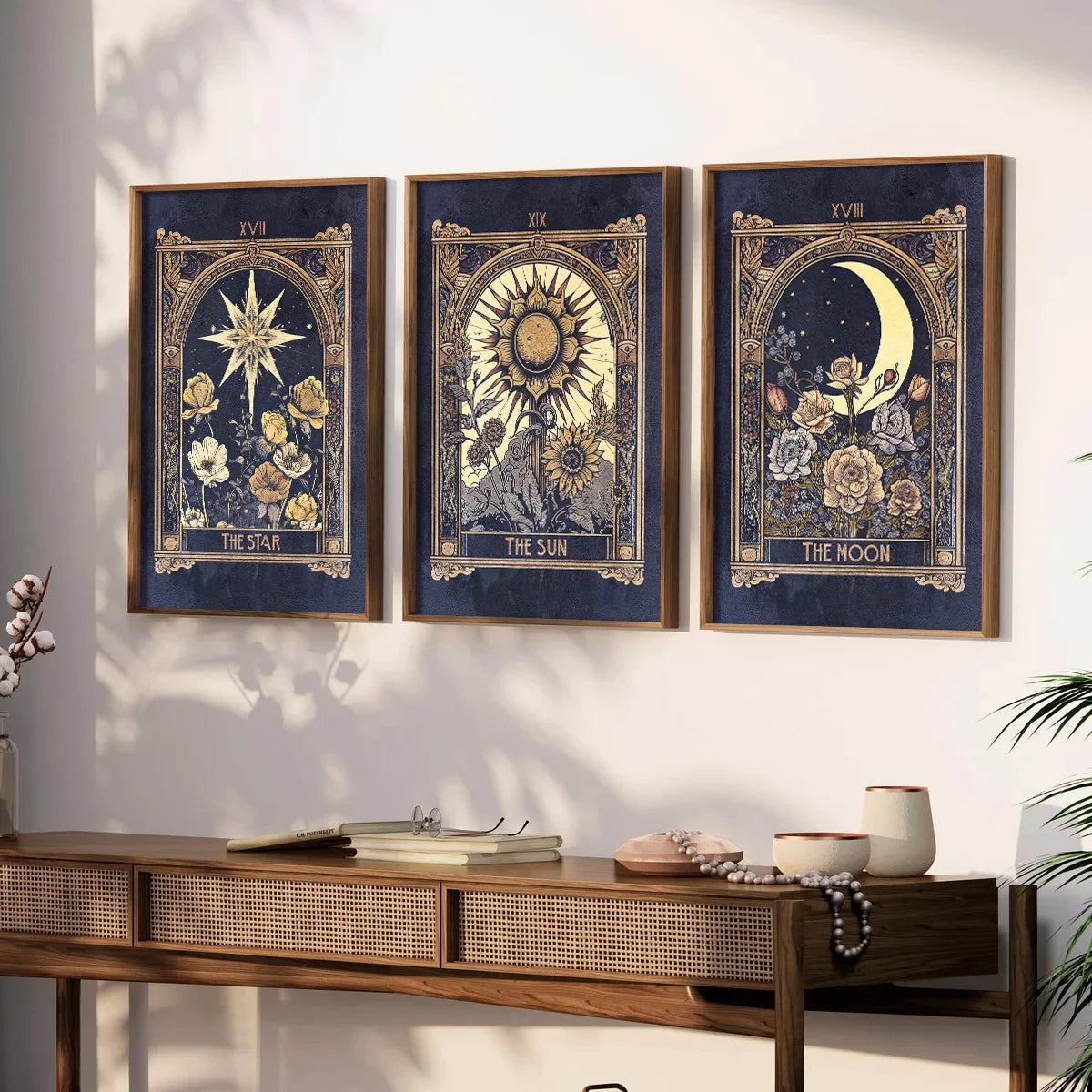 Set of 3 Retro Tarot Cards Sun Moon and Stars Wall Art Canvas Tarot Card Printing Tarot Card Posters Mysterious Wall