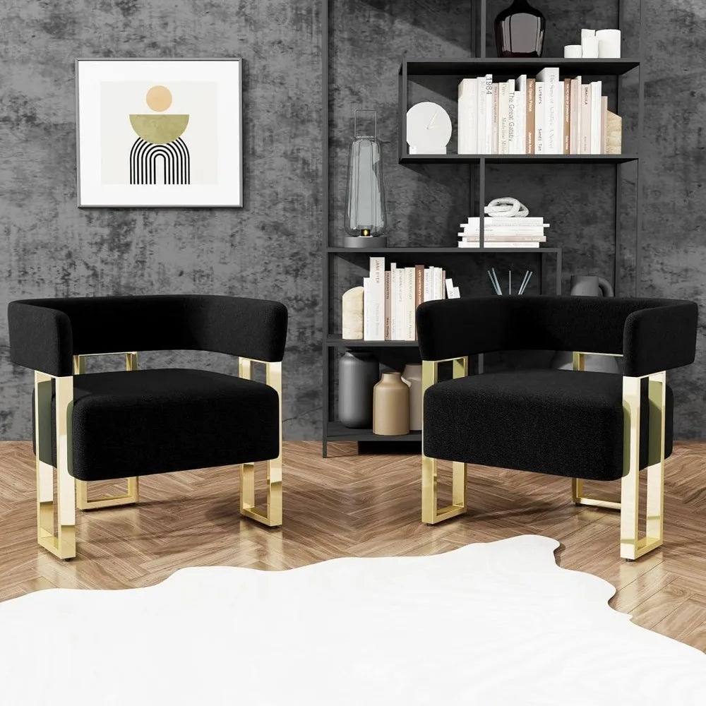 Modern Black and Gold Accent Chair Set of 2 Boucle Bucket Chairs Set of 2 Arm Chairs for Living Room Bedroom (2 Black)