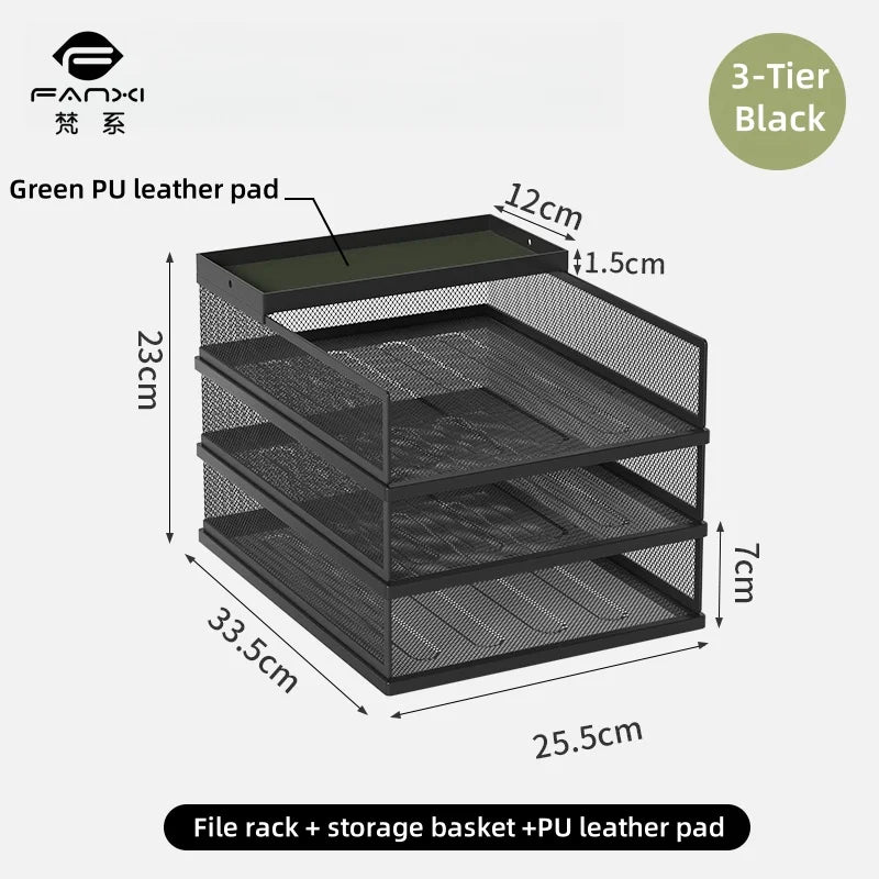 Metal File Stack Stackable Desk Organizer Office Desktop Organizer Multilayer File Tray with a Hanging Pen Holder Desk