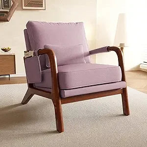 Mid Century Modern Accent Chair with Pillow & Pocket Upholstered Armchair with Solid Wood Frame & Soft Cushion