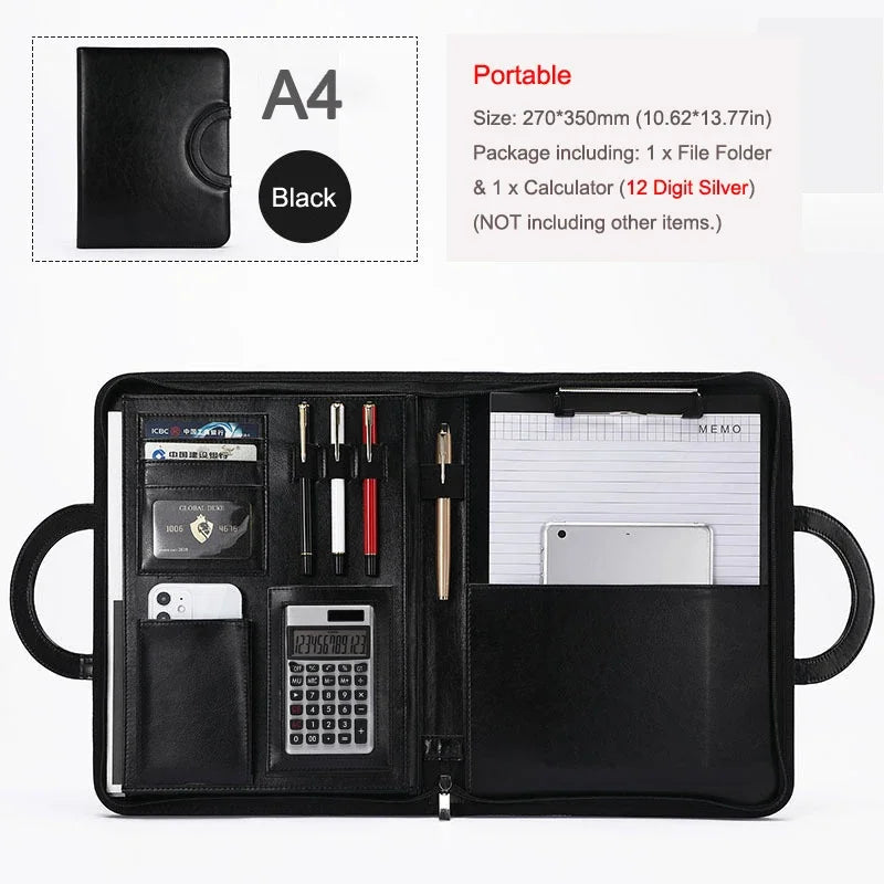 Portable Business Trip A4 Folder Organizer Leather Portfolio for Document File Tablet Holder Briefcase for Man Office