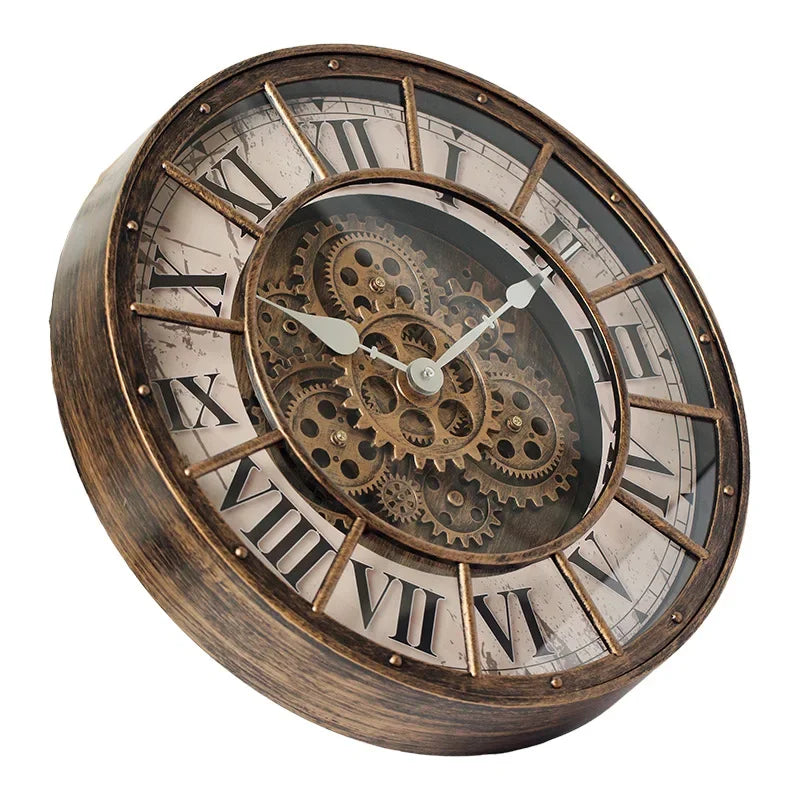 46cm Real Moving Gears Wall Clock Large Industrial Steam Punk Roman Numeral Wall Clock Living Room Home Decoration