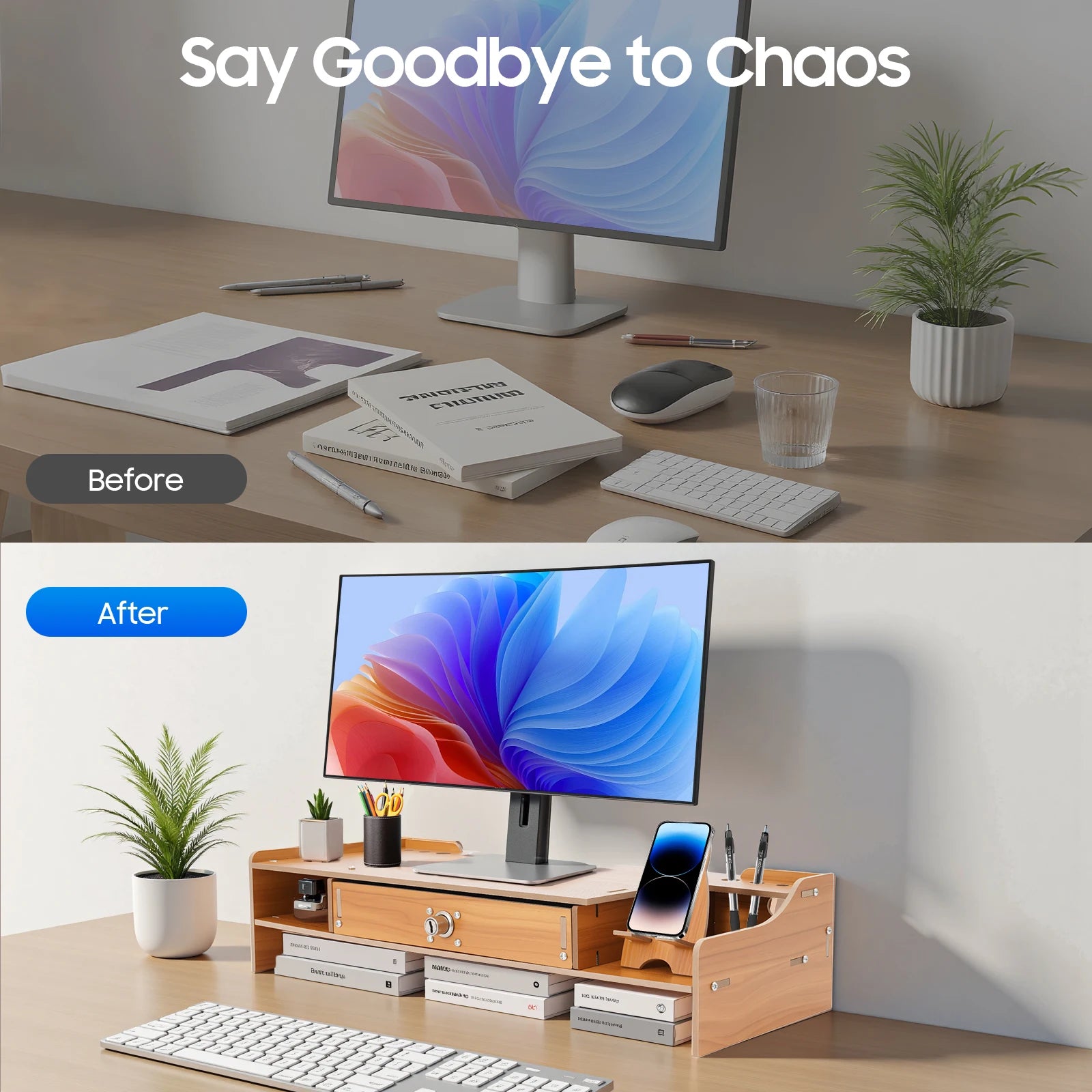 Wood Computer Monitor Stand MDF Wear-resistant Computer Rack with Lockable Drawer for Home School Office