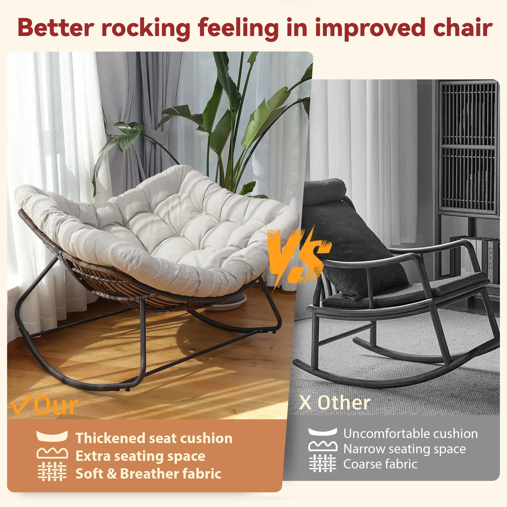 Outdoor Rocking Chair Patio Wicker Egg Chair Indoor Comfy Oversized Papasan Chair with Padded Cushion for Front Porch
