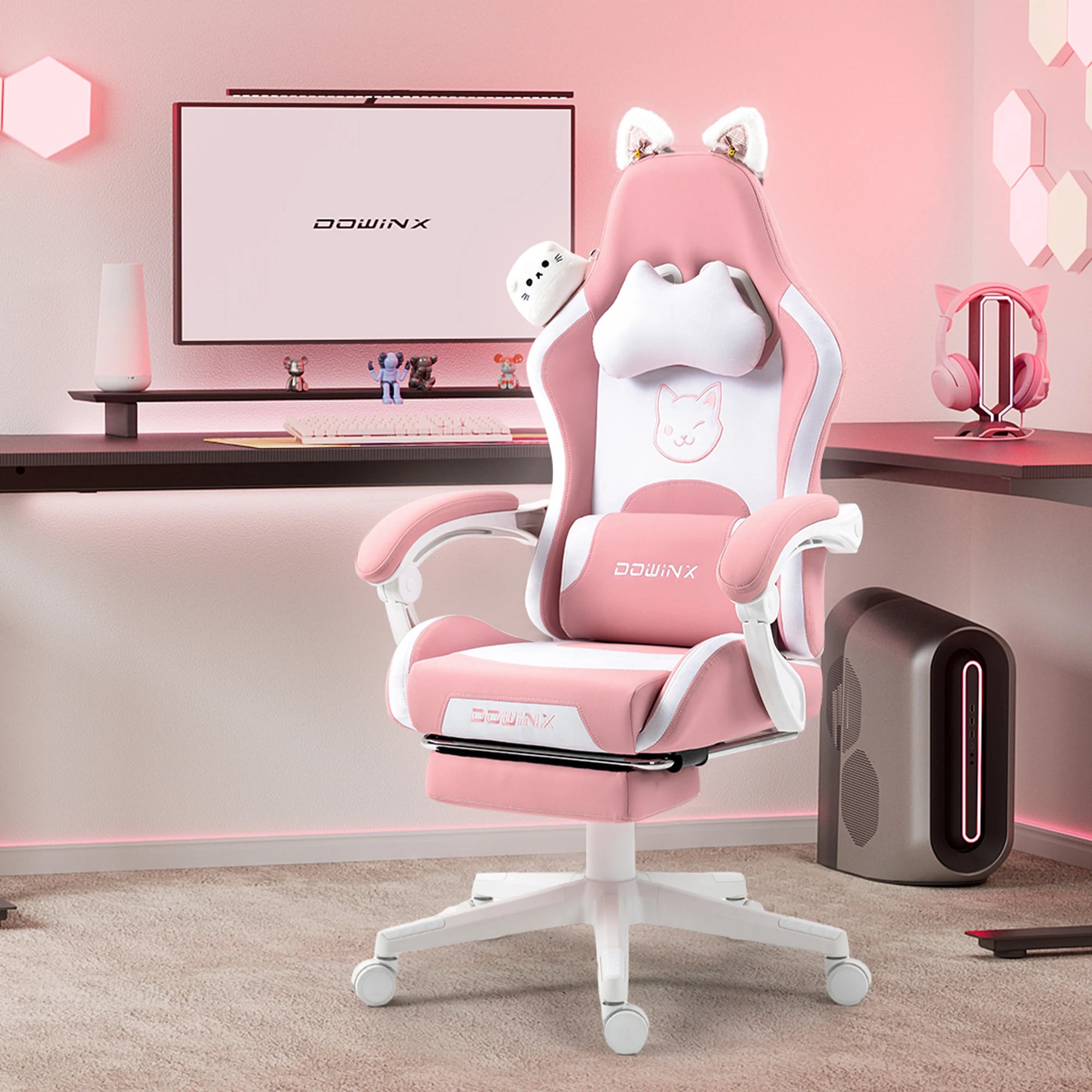 Dowinx Gaming Chair Cute with Cat Ears and Massage Lumbar Support Ergonomic Computer Chair for Girl with Footrest