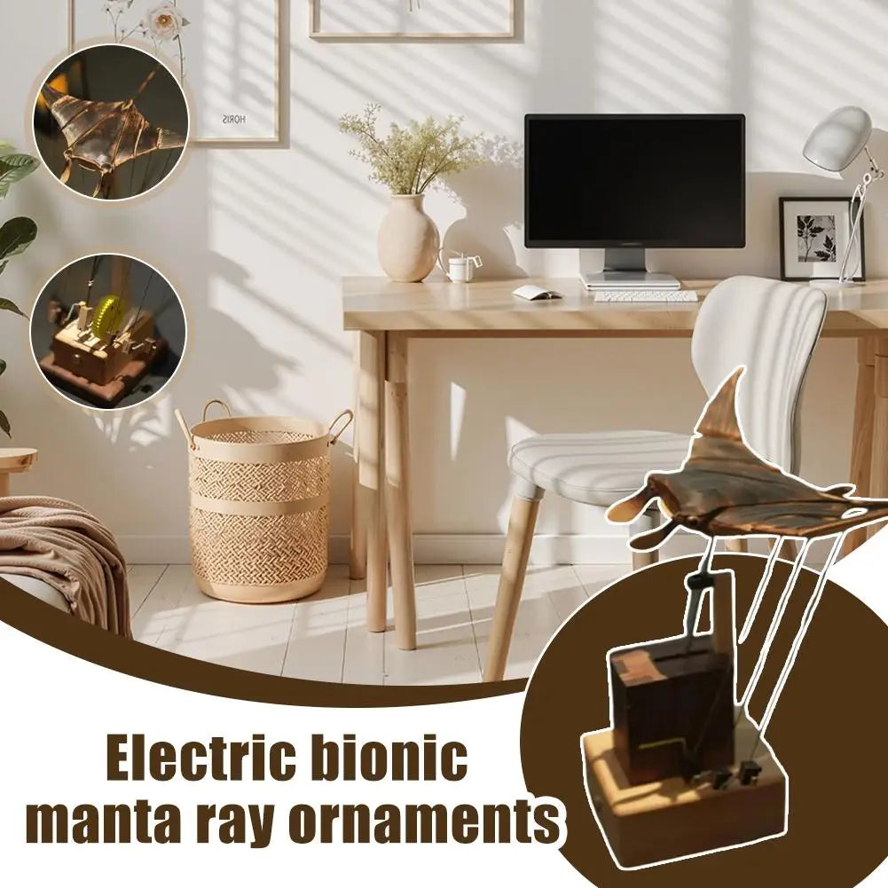 Electric Bionic Manta Ray Handmade Wooden Figurine Realistic Sculpture for Desktop Shelf Office Retro Home Decoration