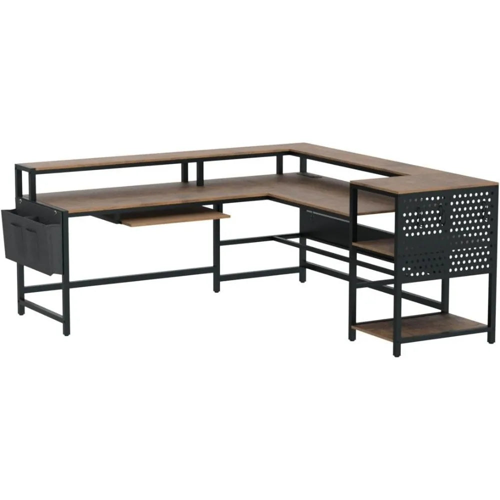 L Shaped Computer Desk Reversible Computer Desks L Shaped Desk with Power Outlets & LED Strip Monitor Shelf Keyboard