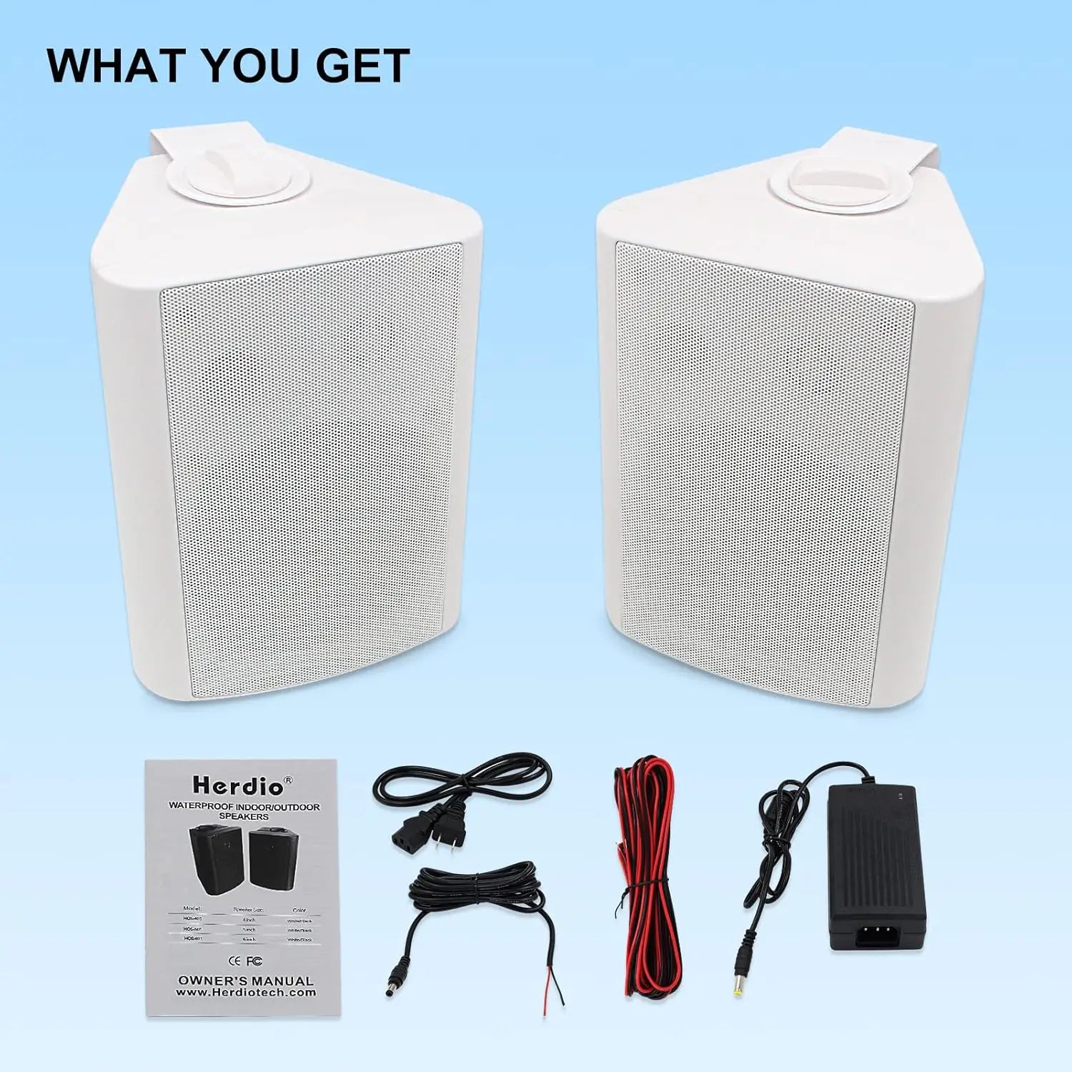 Herdio 5.25’’ 2PCS Indoor Outdoor Bluetooth Speakers Patio Waterproof Wired Wall Mount System 300 Watts Black - white