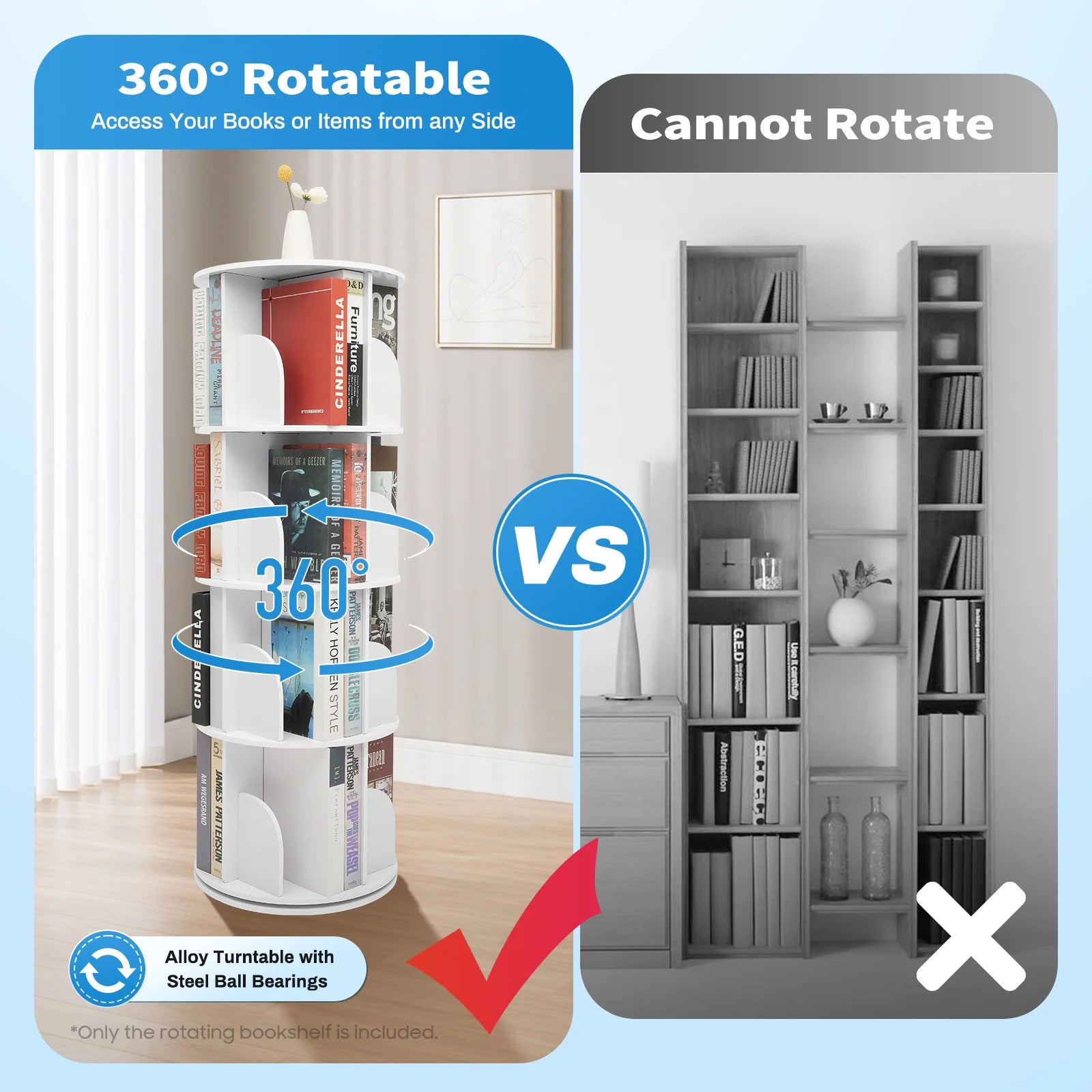 4 Tier Rotating Bookshelf 360° Spinning Display Rack with Wheels 16-Cube Storage Shelf for Books Toys White for Home