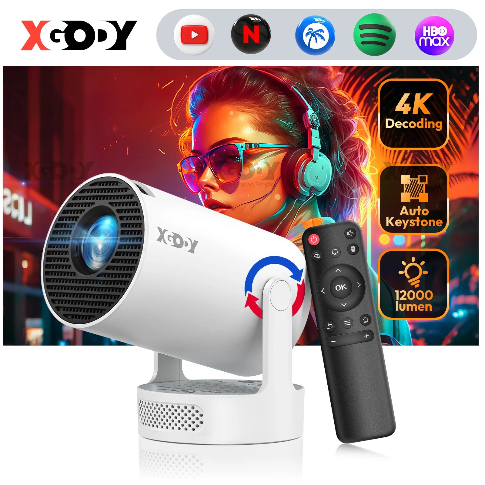 XGODY Projector 4K 10000 Lumen With Speaker Base Short Throw WiFi 6 Bluetooth 5.0 Portable 1080P Beamer Home Theater