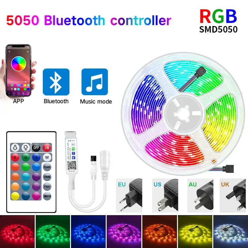 30leds/m 5050 Led Strip 5M LED Strip Light led ribbon 15M 20M 30M rgb led diode tape Bluetooth Controller power adapter