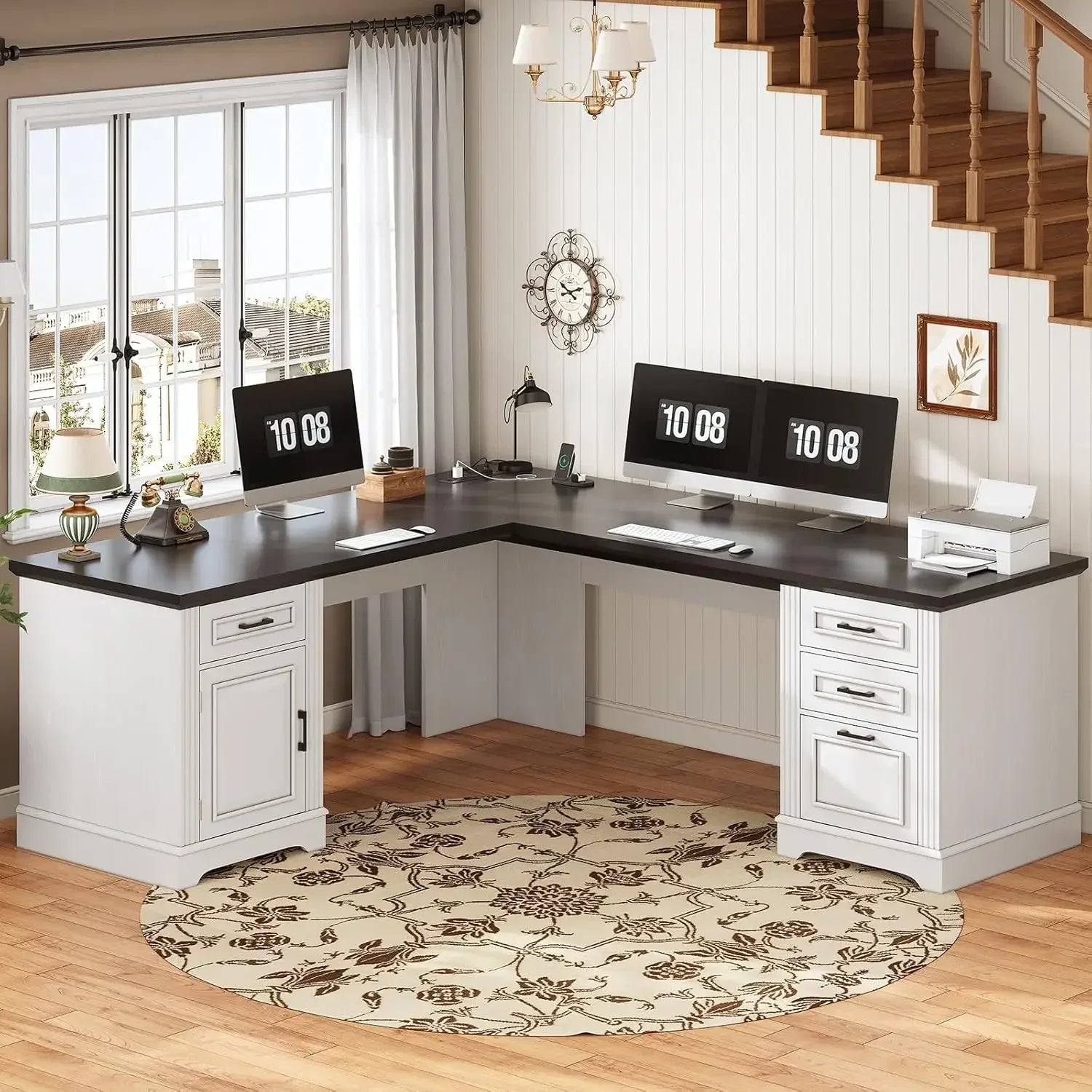 69’’ L Shaped Desk with Drawers and Storage Farmhouse Computer Desk with File Drawers and Power Outlet - United States