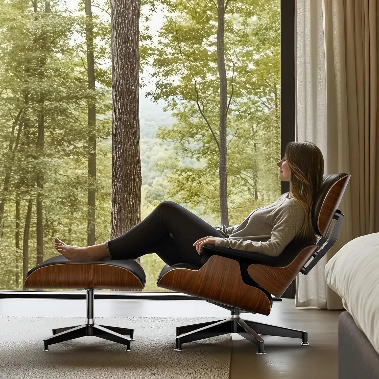 Top Black PU Leather Mid Century Chaise Lounge Chair and Ottoman Modern Chair Classic Design Walnut Wood - United States