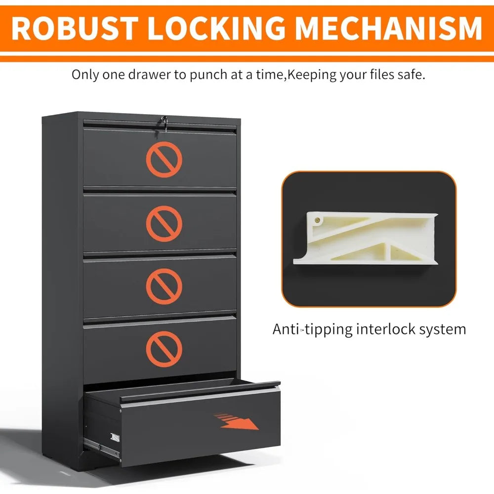 Locking File Cabinet with 5 Drawer Heavy Duty Large Metal Filing Cabinet Home Office Secure Lateral Organizer w/ Wheels