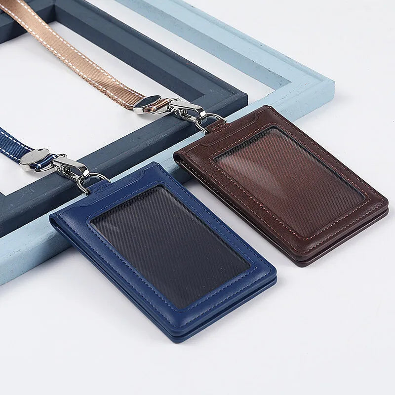 Cowhide ID Card Holder Business Document Case Leather Factory Staff Office Workers Badge Tag Cases with Lanyard