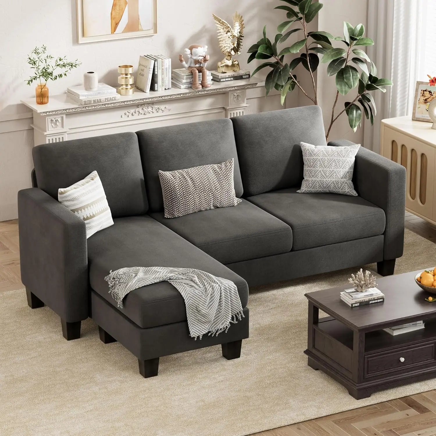 Sofa Couch 3 Seat L-Shaped Sofa with Linen Fabric Ottoman Small Couch for Small Apartments Living Room and Office (Dark