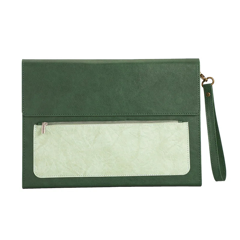 1PCS Leather A4 Document Bag Thickened File Folder Large Capacity Storage for Office Home Use - light green