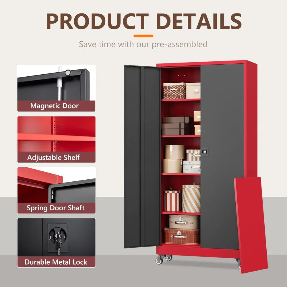 Metal Garage Storage Cabinet with Wheels 73’’ H Locking Tool Cabinet with 2 Doors and 4 Adjustable Shelves Tall Cabinet