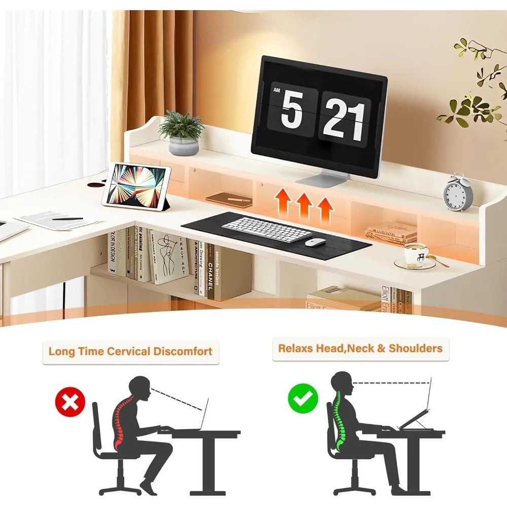 White L Shaped Desk with 3 Drawers 60 inch Corner Desk with Moveable Hutch and Power Outlet Large Home Office Corner