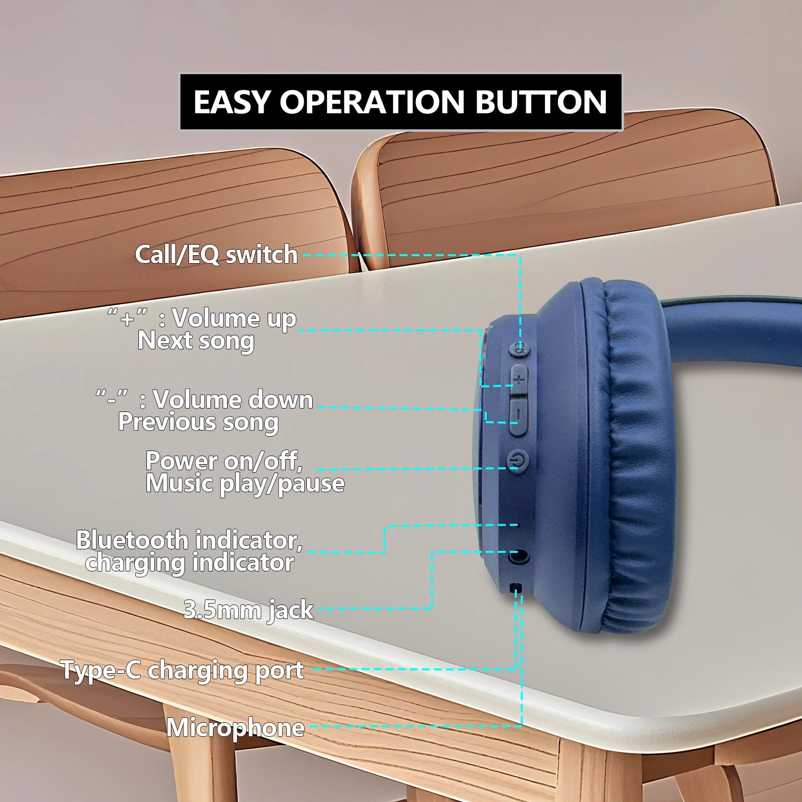 Siindoo JH-820 Foldable Lightweight Wireless Bluetooth Headphones with 3 EQ Sound Modes And Mic for Travel And Study
