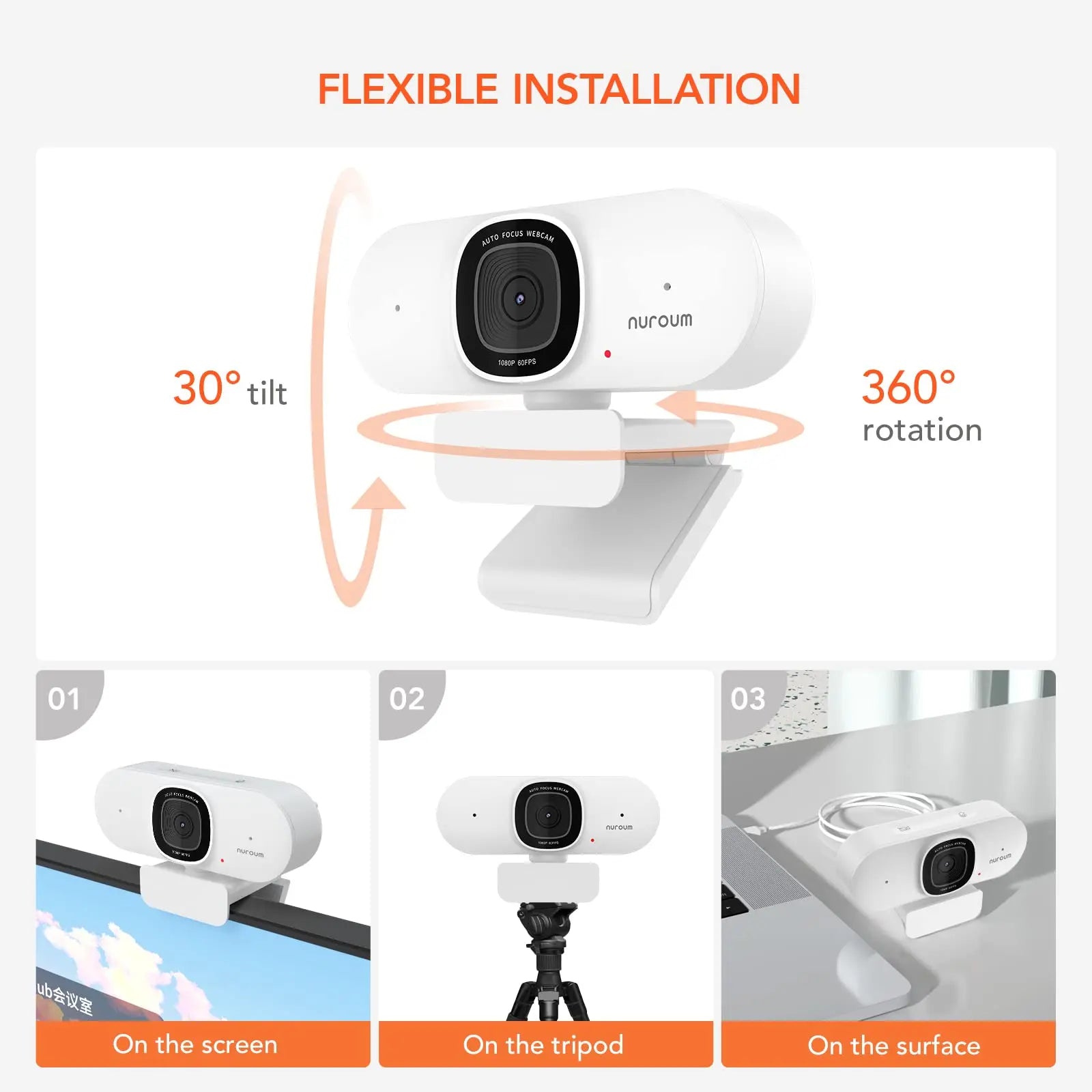 NUROUM V15-AF 75° Wide Angle Webcam 2K Full Hd 30fps with Microphone USB Video Conference Meetting For Laptop Computer