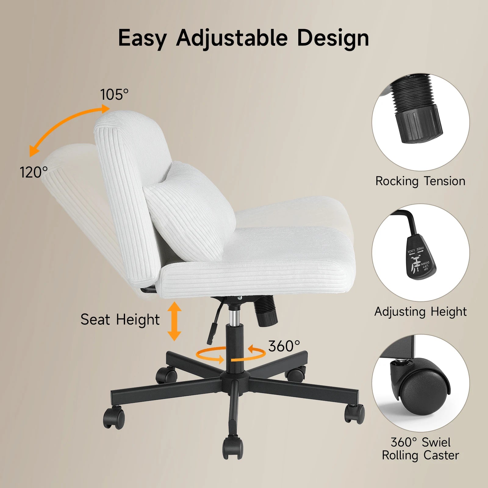 Massage Cross Leg Office Chair w/ Double Layer Sponge Cushion,Corduroy/Pearl Velvet Wide Armrest Desk Chair Mid Back