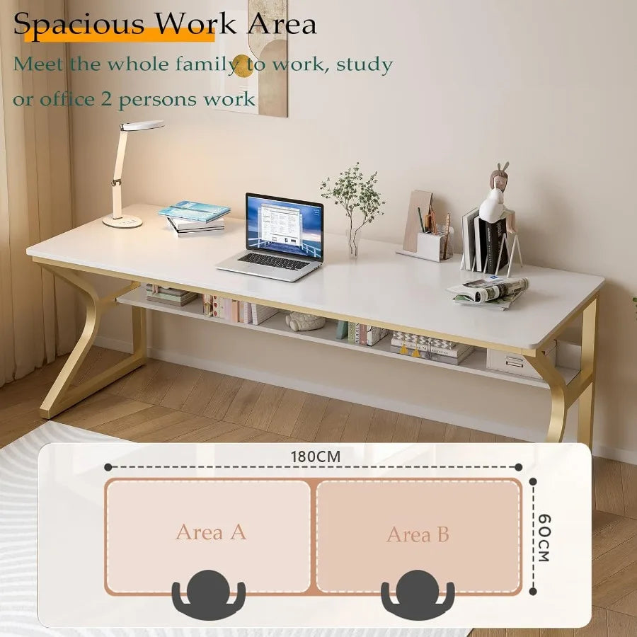Extra Long Desk with Bookshelf for Home and Office 71 Double Long Writing Table Ideal for 2Person Workstation Modern