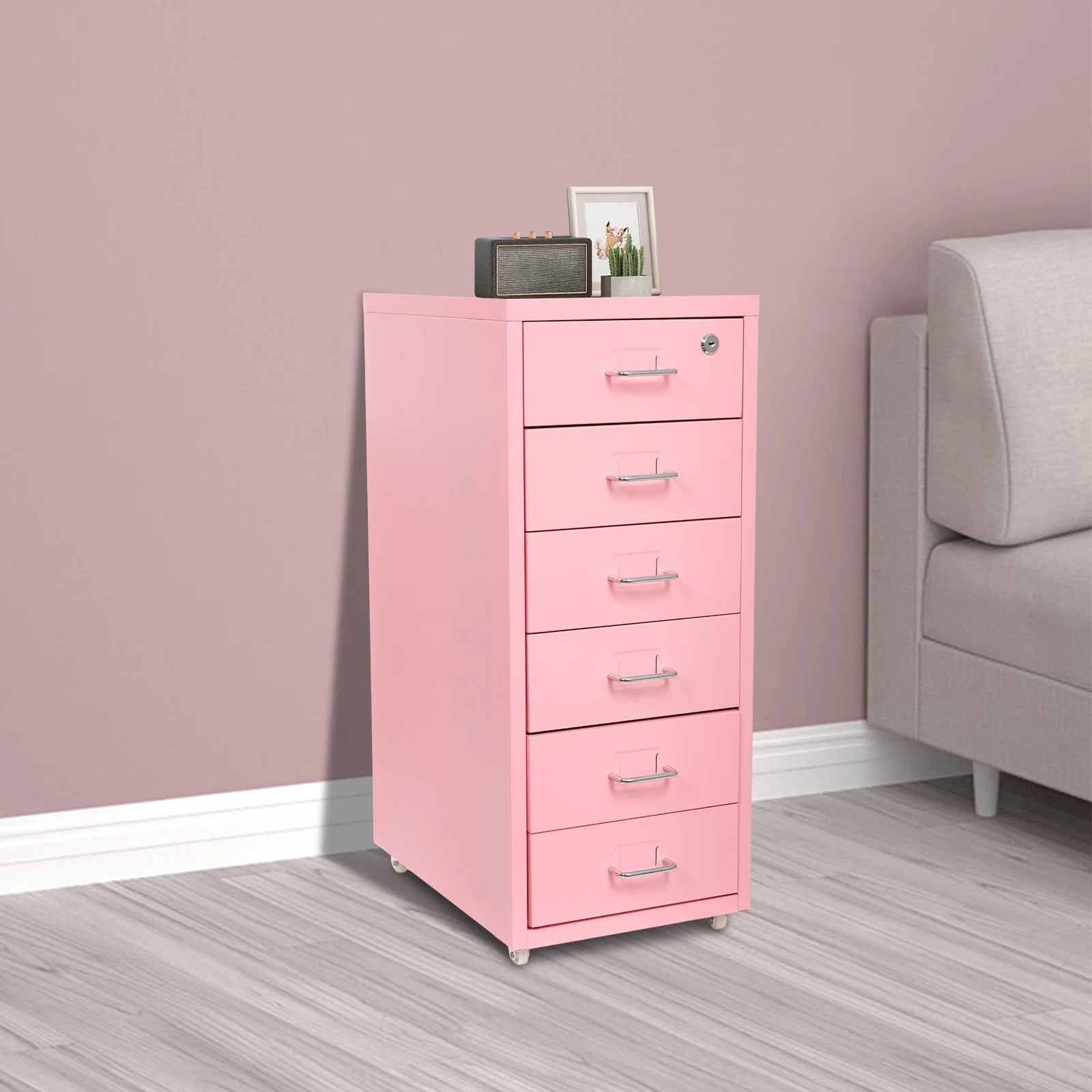 6 Tiers Cold-rolled Steel Filing Cabinet,Pink Metal File Cabinet with Lock 28*41*69cm Wipe with Soft Cloth