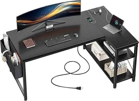 L-Shaped 48 Inch Gaming Desk with Storage Side Bag Power Outlets Ideal for Small Corner Office Spaces - Black / United