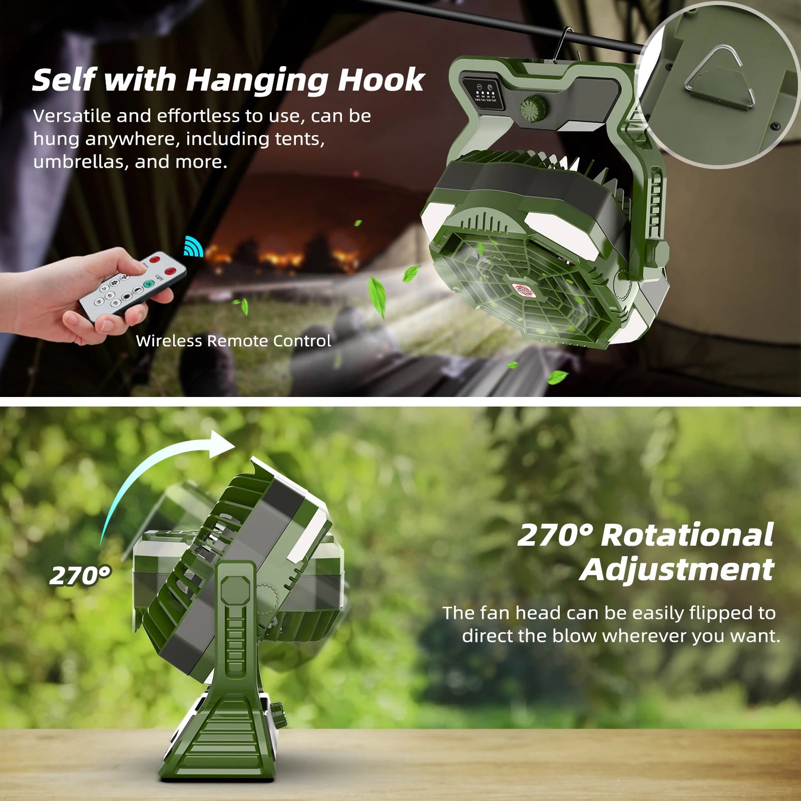 Roykaw Portable Camping Fan w/LED Lantern 20000 mAH Rechargeable Battery Fan Cordless Table Fan Stepless Speed/Dual Fan